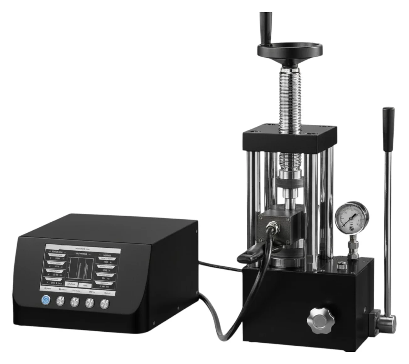 Heatable die set mounted on a manual hydraulic press