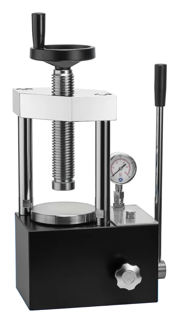 Two-pillar manual hydraulic pellet press with analogue pressure gauge
