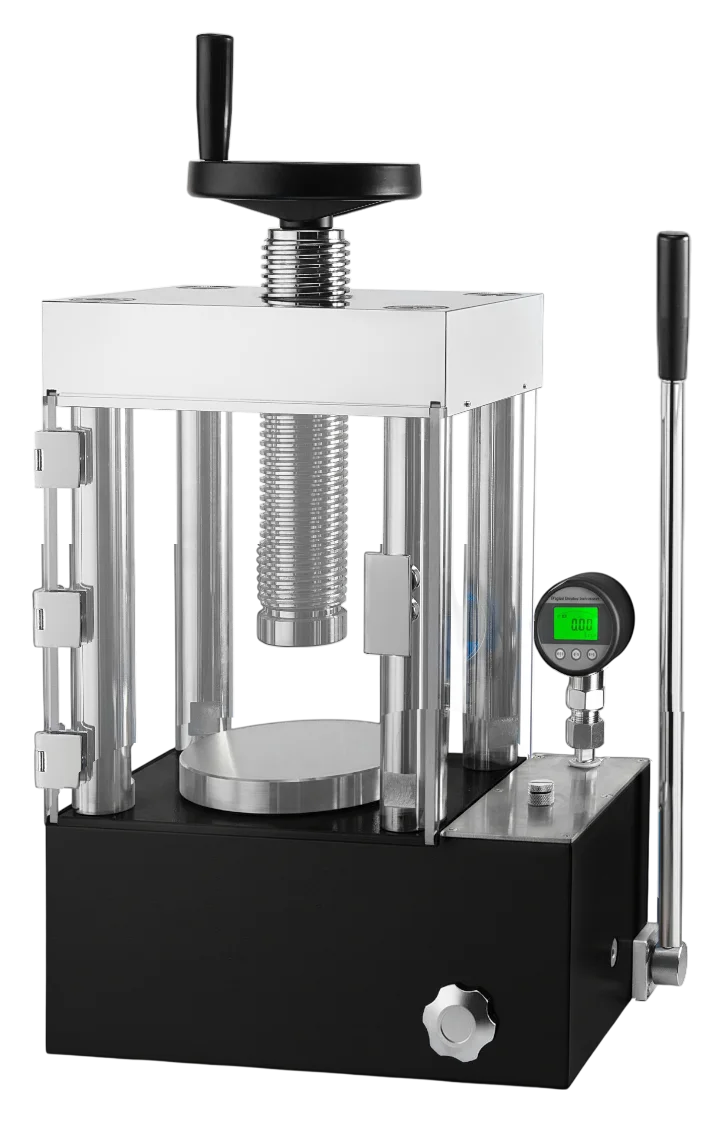 Guarded manual hydraulic press with digital gauge, alternate view