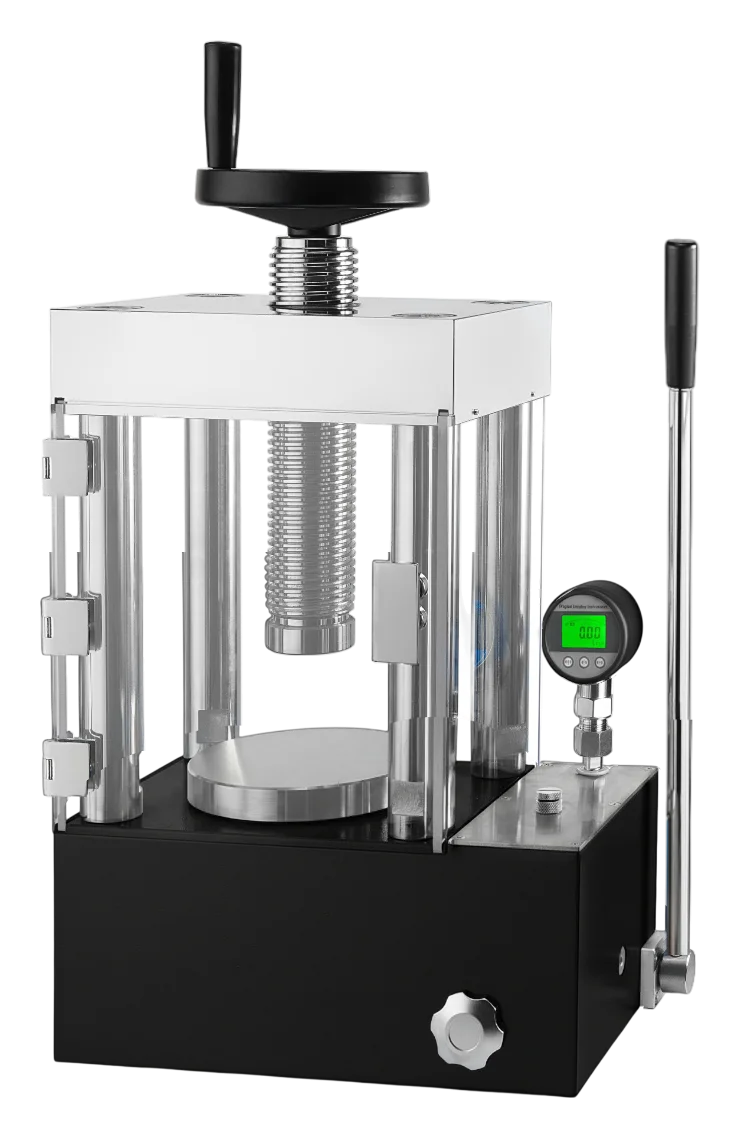 Manual hydraulic press with safety guard and digital pressure readout