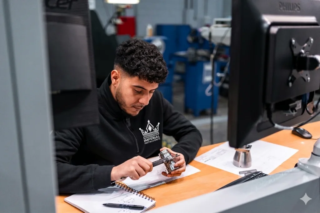 Imperial Instruments technician inspecting a hydraulic press component at the workbench